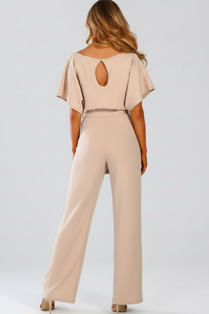 Celina | Women's Wide Leg Belted Jumpsuit - Beige - Image 3