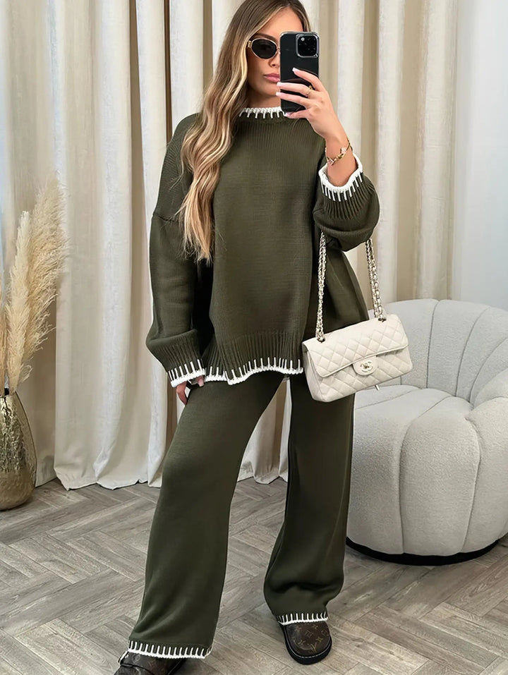 Celine | Women's Oversized Sweater Wide Leg Lounge Set - Beige - Image 5