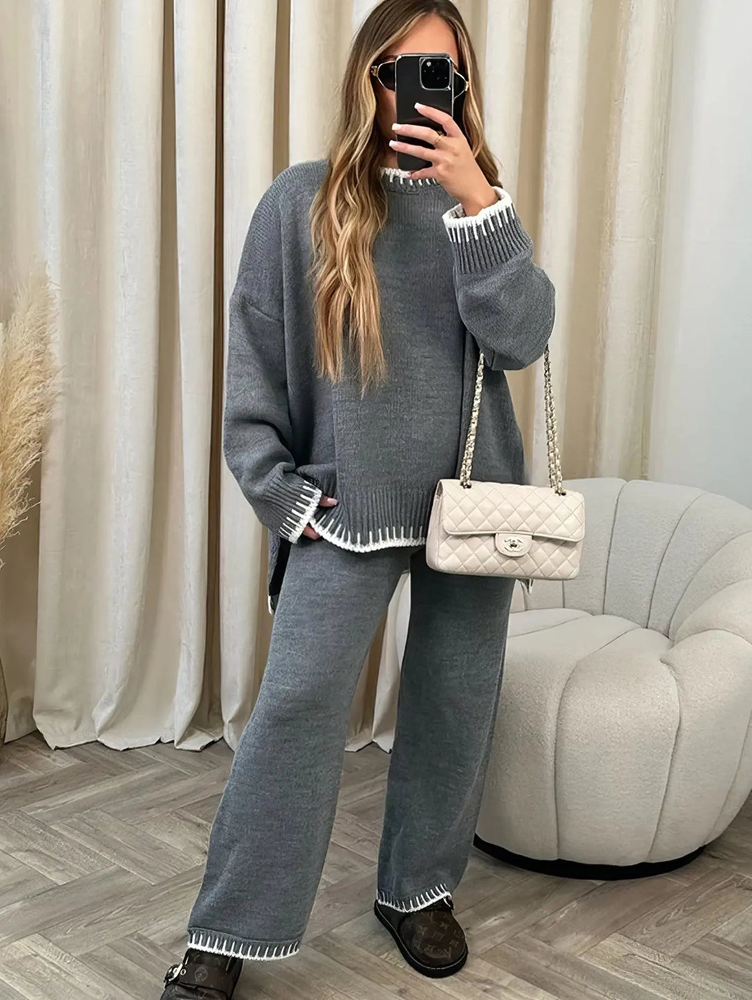 Celine | Women's Oversized Sweater Wide Leg Lounge Set - Beige - Image 6