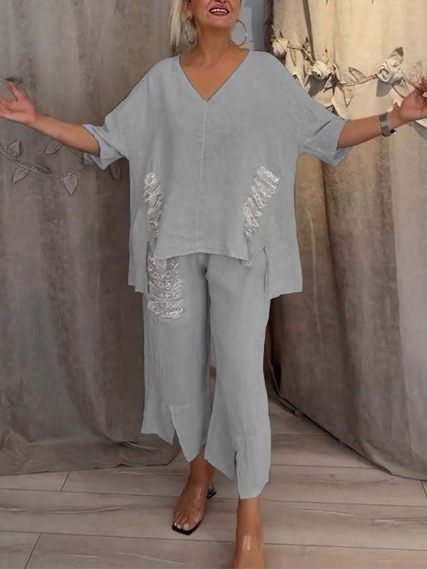 Women's V-Neck Top & Wide Leg Pants Set