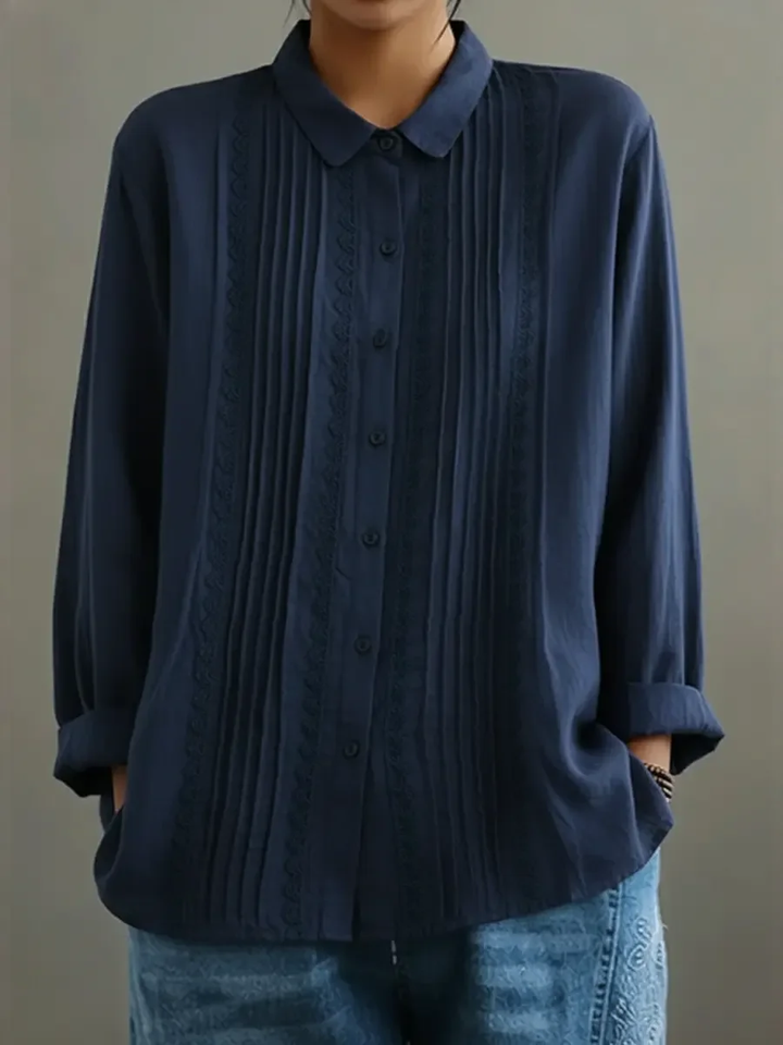 Women's Pintuck Lace Detail Button-Up Blouse