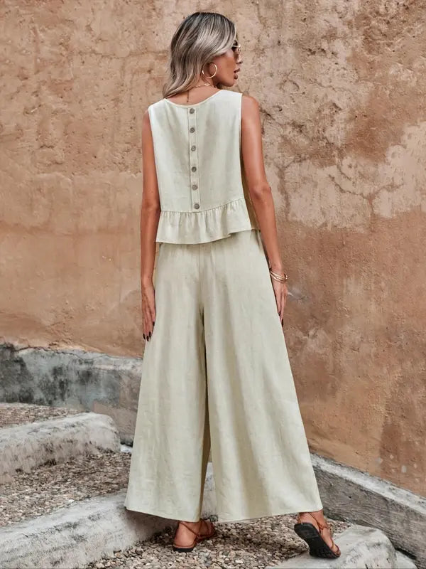 Women's Sleeveless Ruffle Hem Top & Wide Leg Pants Set