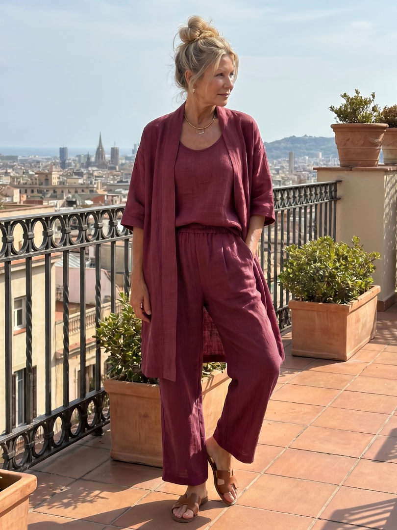 Close-up of the top from the women's three-piece set, showcasing its relaxed fit and design.