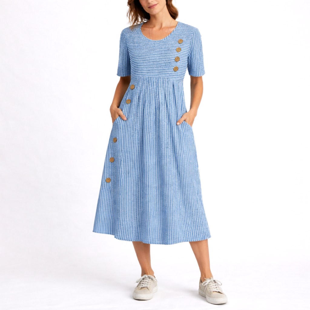 Women's striped midi dress, relaxed fit, lightweight for effortless casual summer style.