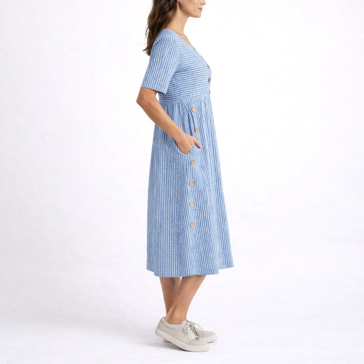 Comfortable women's striped midi dress, relaxed fit, perfect for versatile lightweight summer fashion.