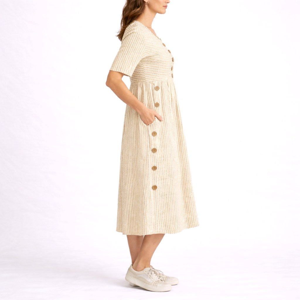 Relaxed fit women's striped midi dress, comfortable & versatile for everyday casual and summer wear.