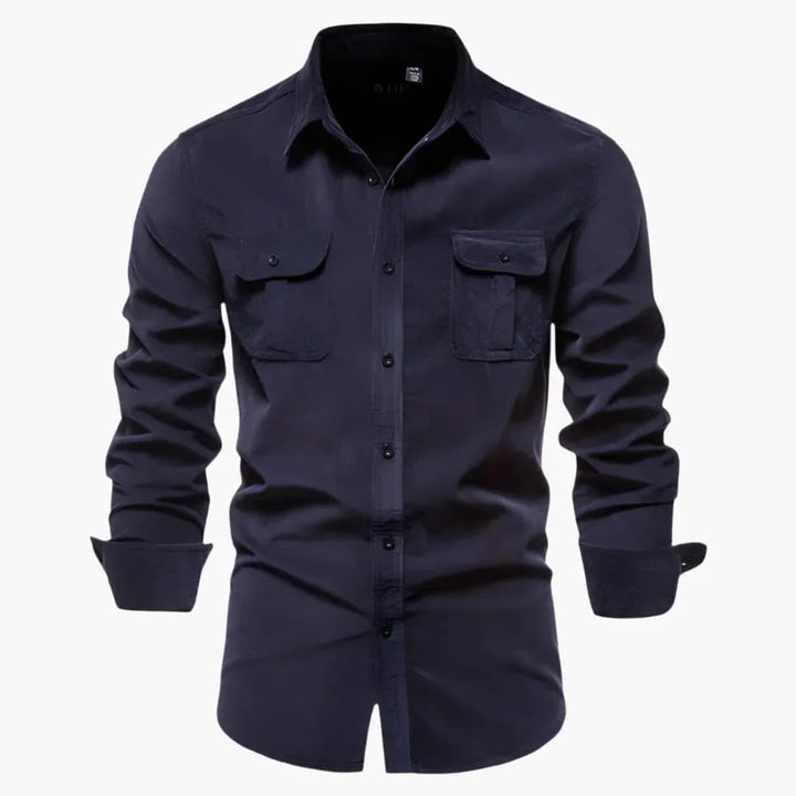 Durable men's long sleeve button-down fishing shirt. Features chest pockets & relaxed fit for outdoor wear.