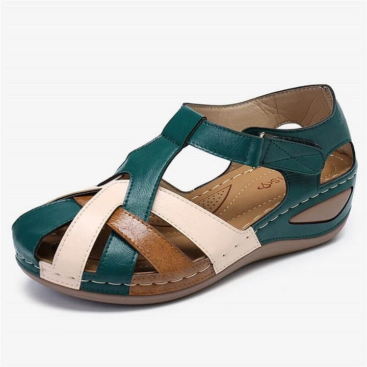 Green casual women's T-strap platform sandals with adjustable strap, woven design, and comfortable wedge.