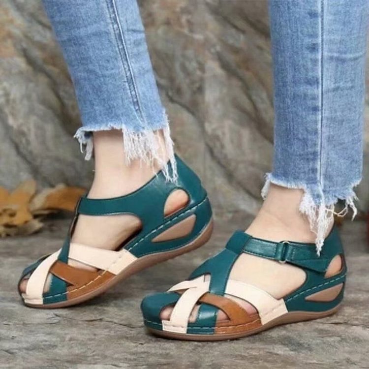 Brown stylish woven T-strap platform sandals for women, ideal summer footwear with a comfortable wedge heel.
