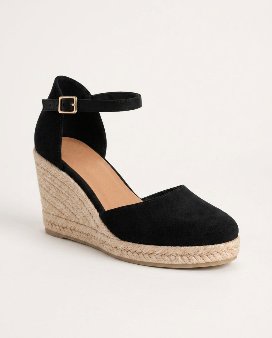 Textured espadrille wedge sandals for women, with natural fiber sole and soft ankle strap.
