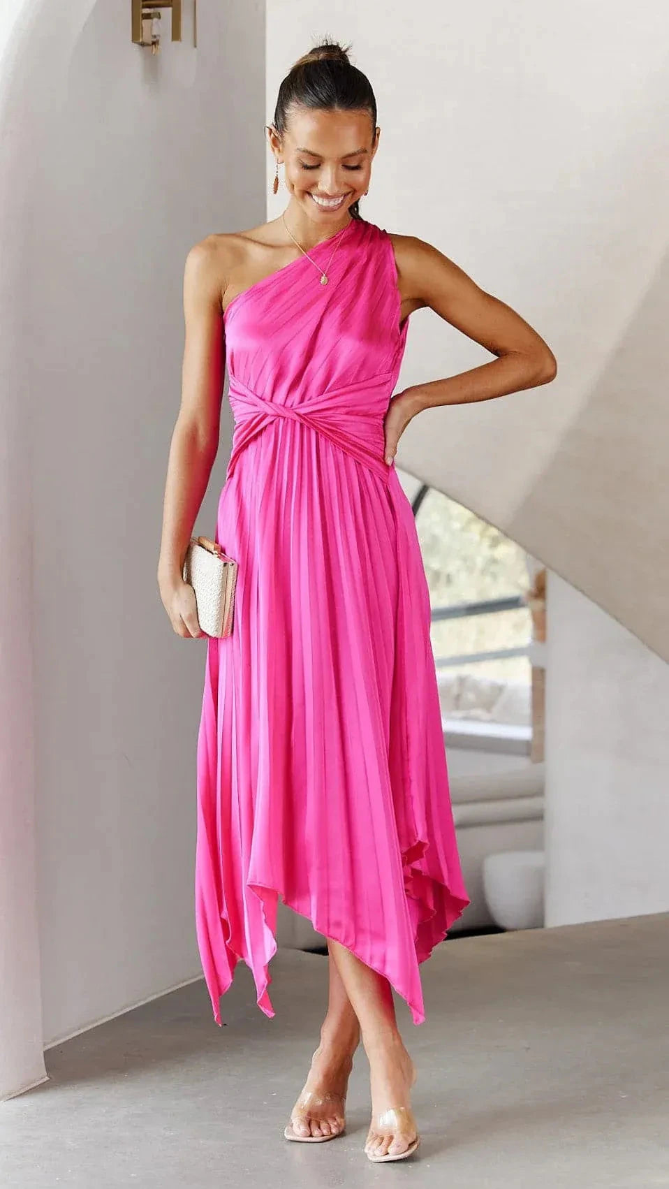 Asymmetrical one-shoulder pleated cocktail dress, a chic option for wedding guests & parties.