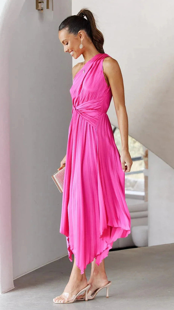 Elegant women's midi cocktail dress with a graceful one-shoulder and delicate pleated skirt.