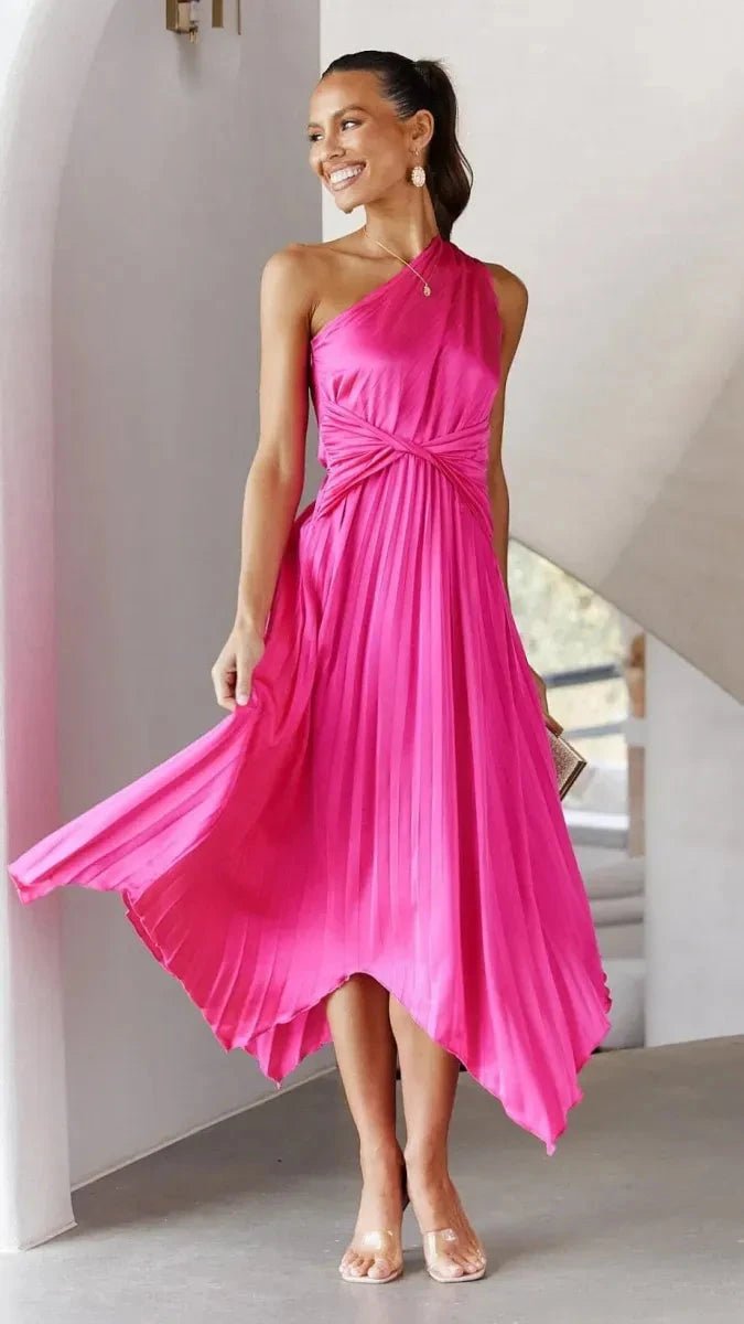 Beautiful women's one-shoulder cocktail dress, featuring an elegant pleated midi silhouette.