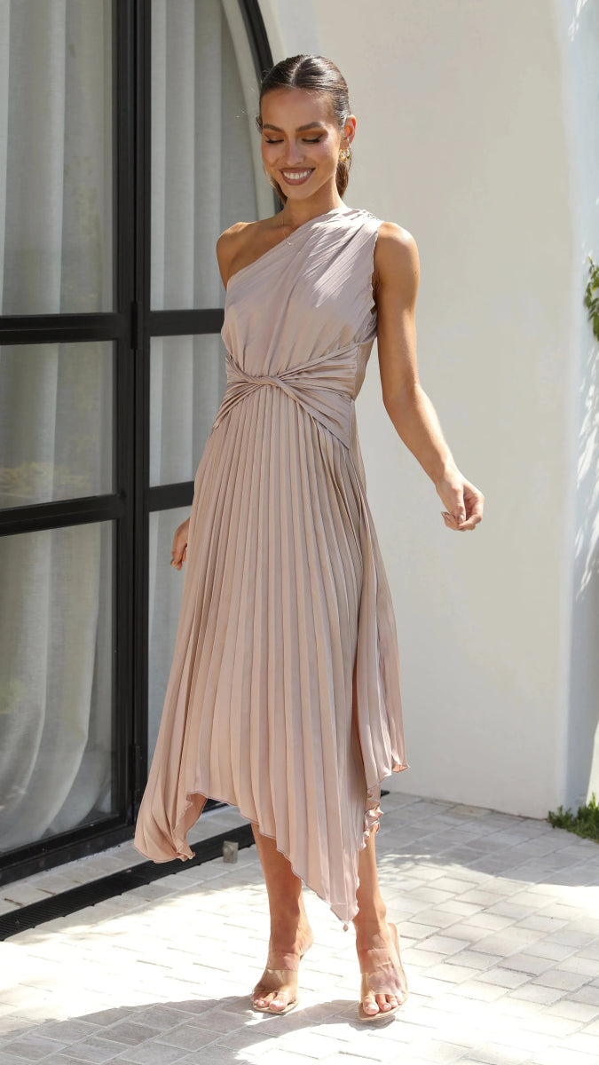 Women's formal wear: elegant one-shoulder pleated cocktail dress with a flattering midi length.