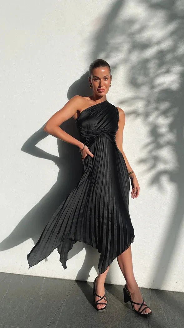 Women's formal one-shoulder pleated party dress, an elegant choice for evening wear occasions.
