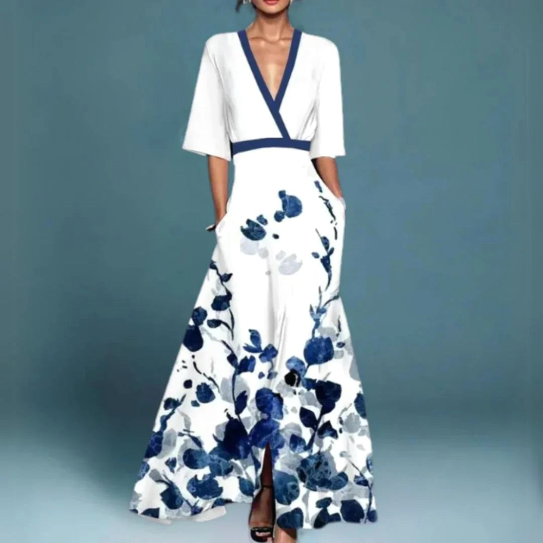 White floral V-neck maxi dress for women. Flowy summer dress, ideal for casual wear, elegant events, or holidays.