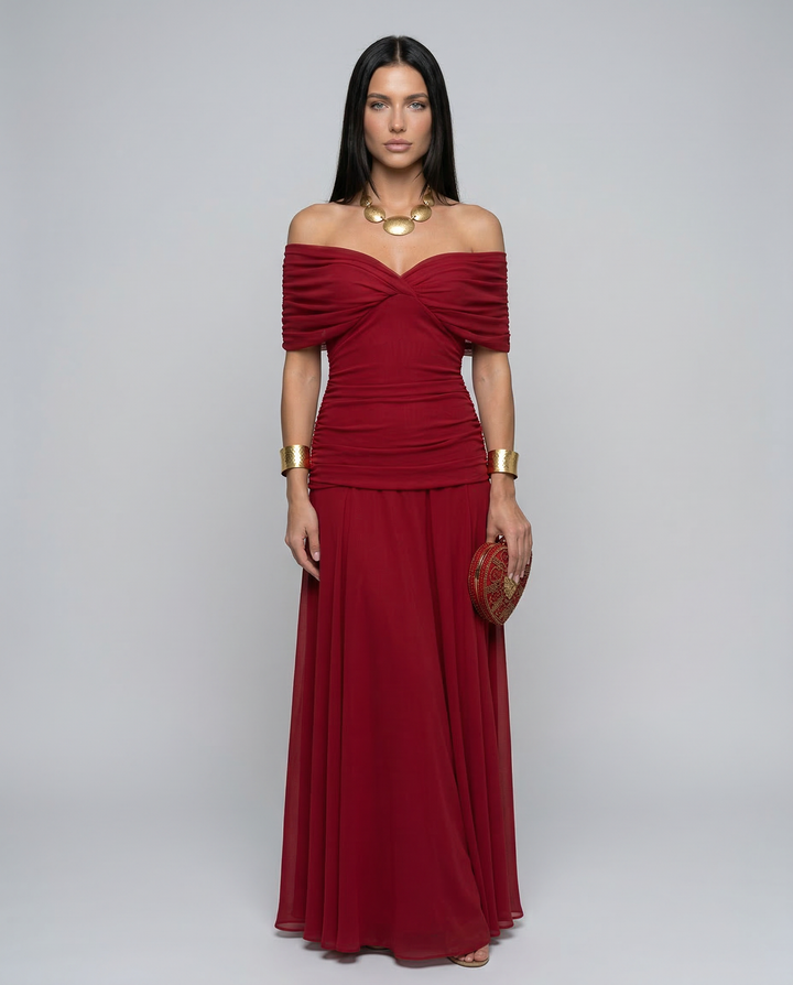 Elegant women's off-shoulder ruched maxi dress, perfect for race day or special occasions.