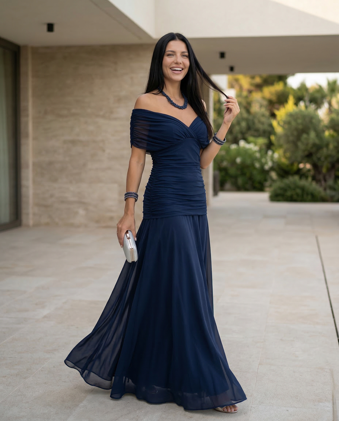 Women's long off-shoulder ruched dress, elegant for race day & special events.