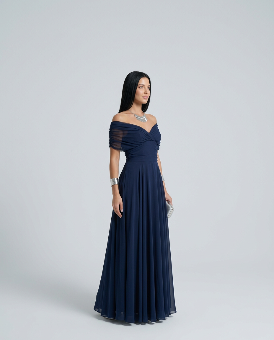 Stylish off-shoulder ruched maxi dress, ideal for race day guests.