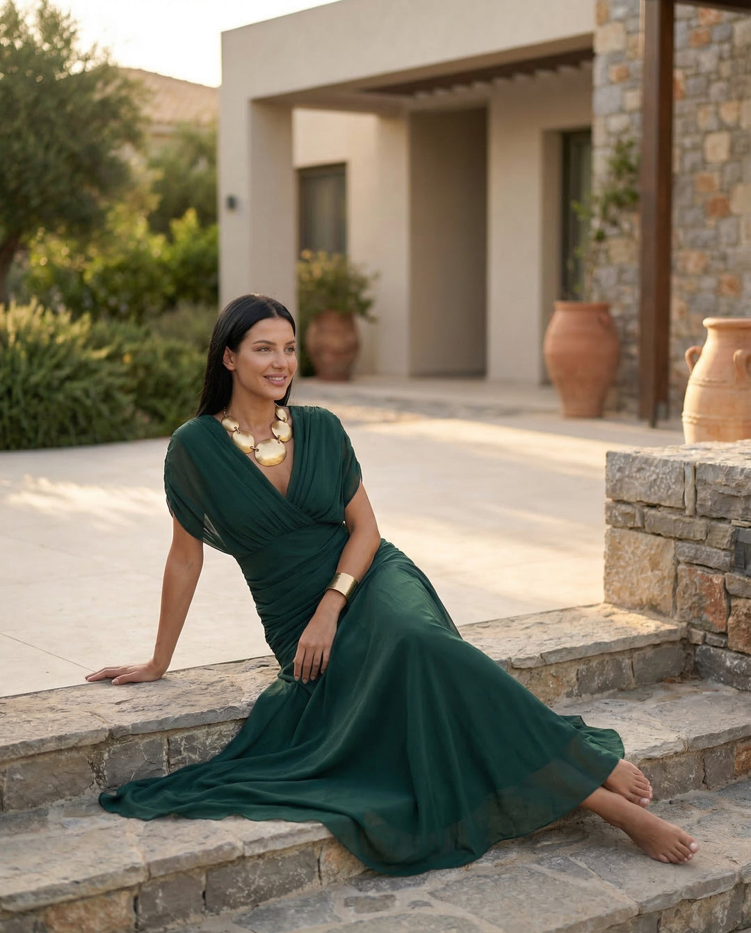 Off-shoulder ruched maxi dress, elegant women's long gown for race day.