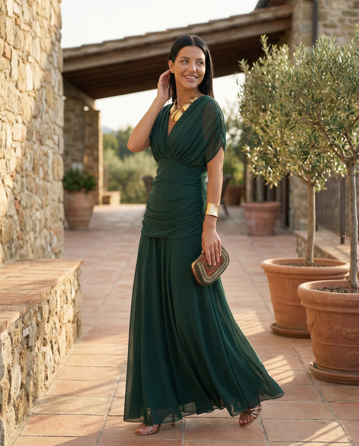 Chic race day off-shoulder ruched maxi dress, ideal for formal events.