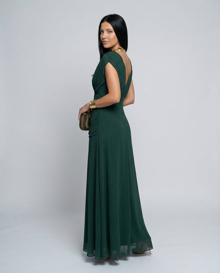 Elegant off-shoulder ruched maxi dress for women's race day fashion.