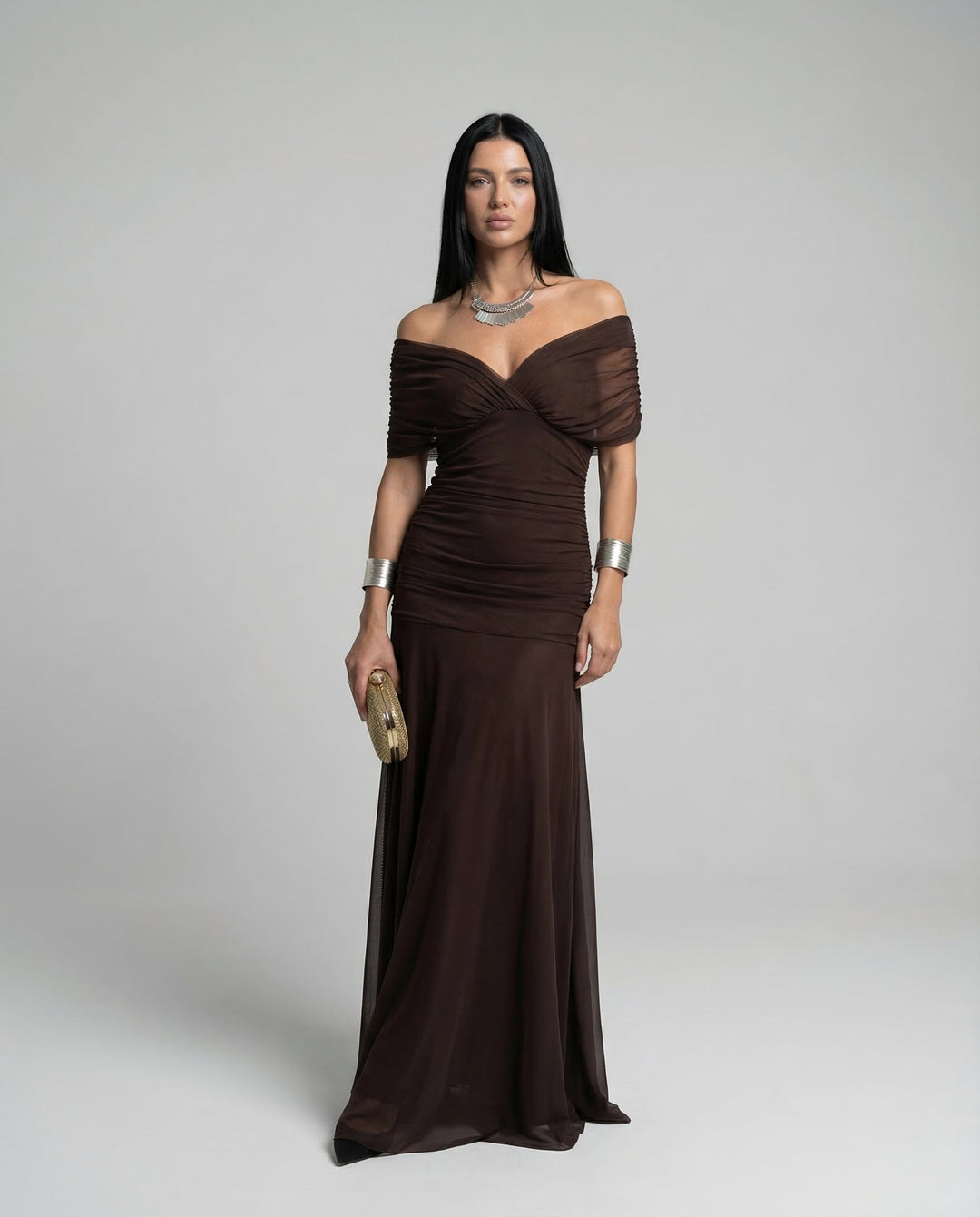 Women's party off-shoulder ruched maxi dress, elegant for race day.