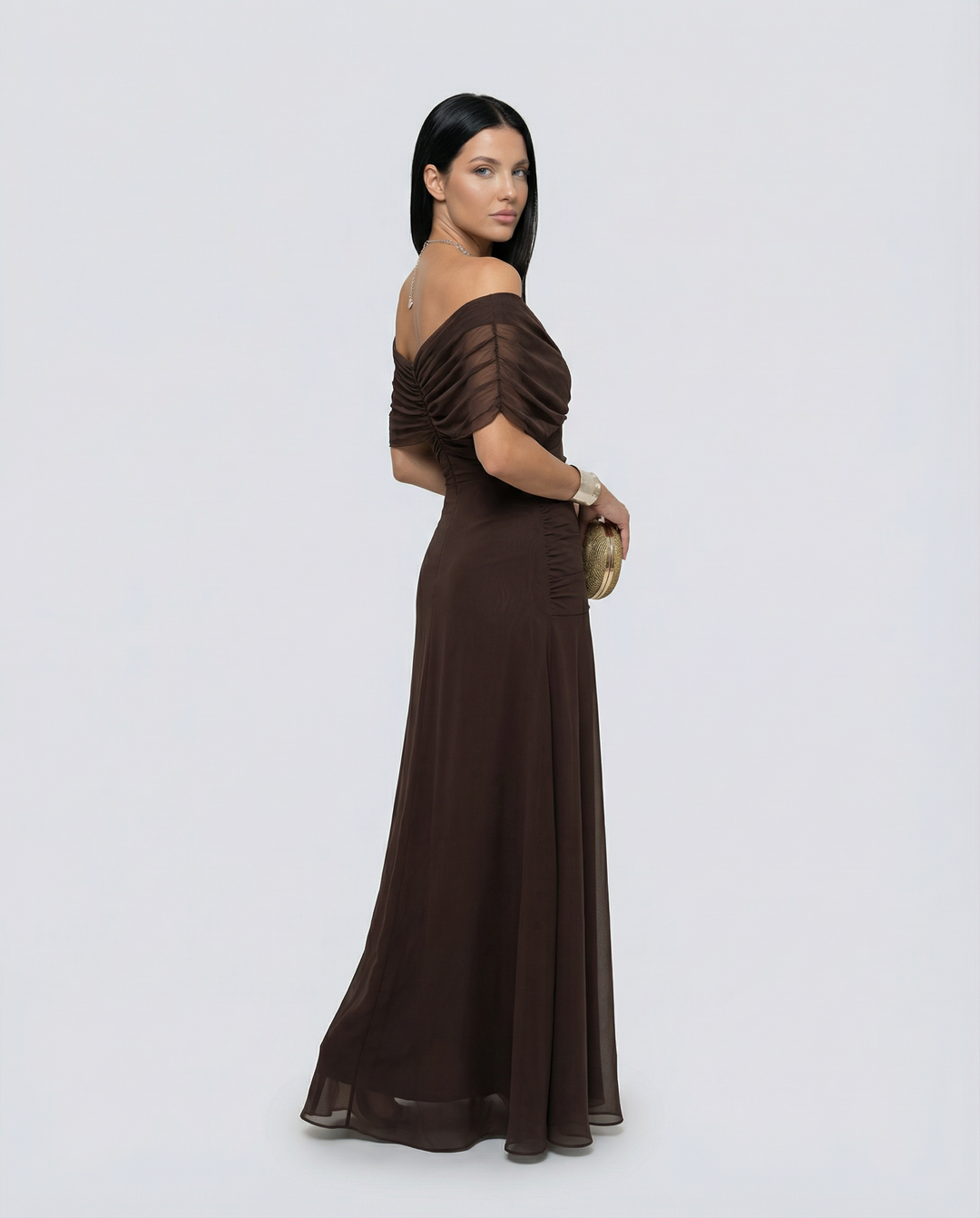 Long elegant off-shoulder ruched maxi dress, perfect for race day.