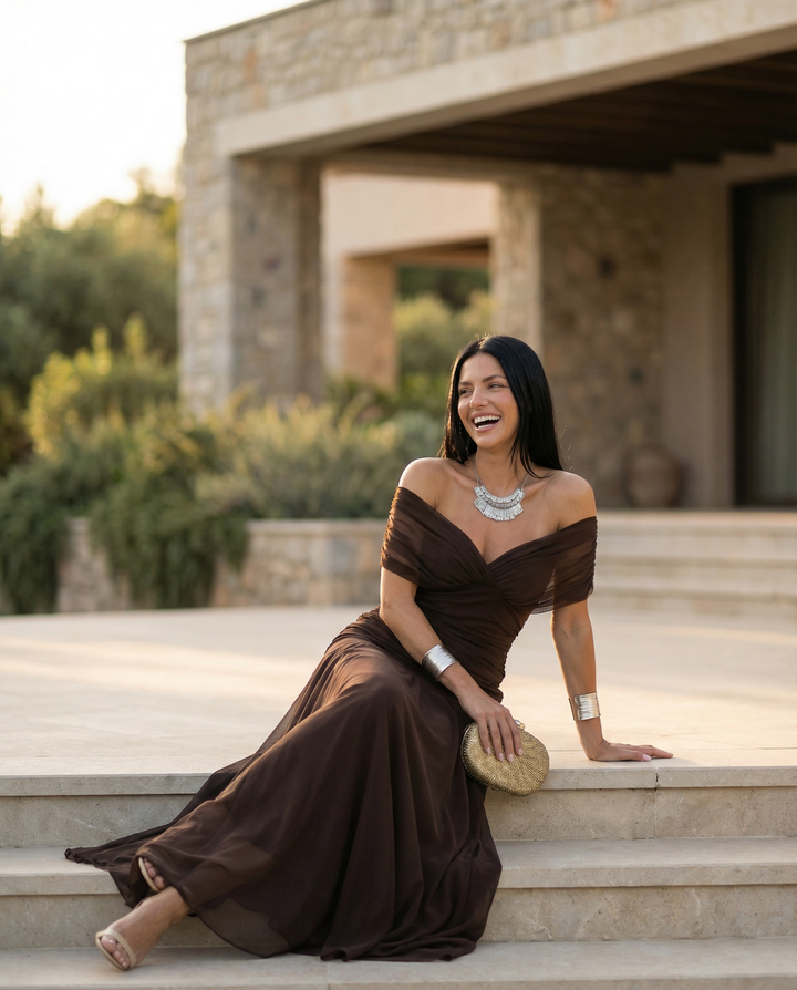 Off-shoulder ruched maxi dress, a stunning elegant race day gown.