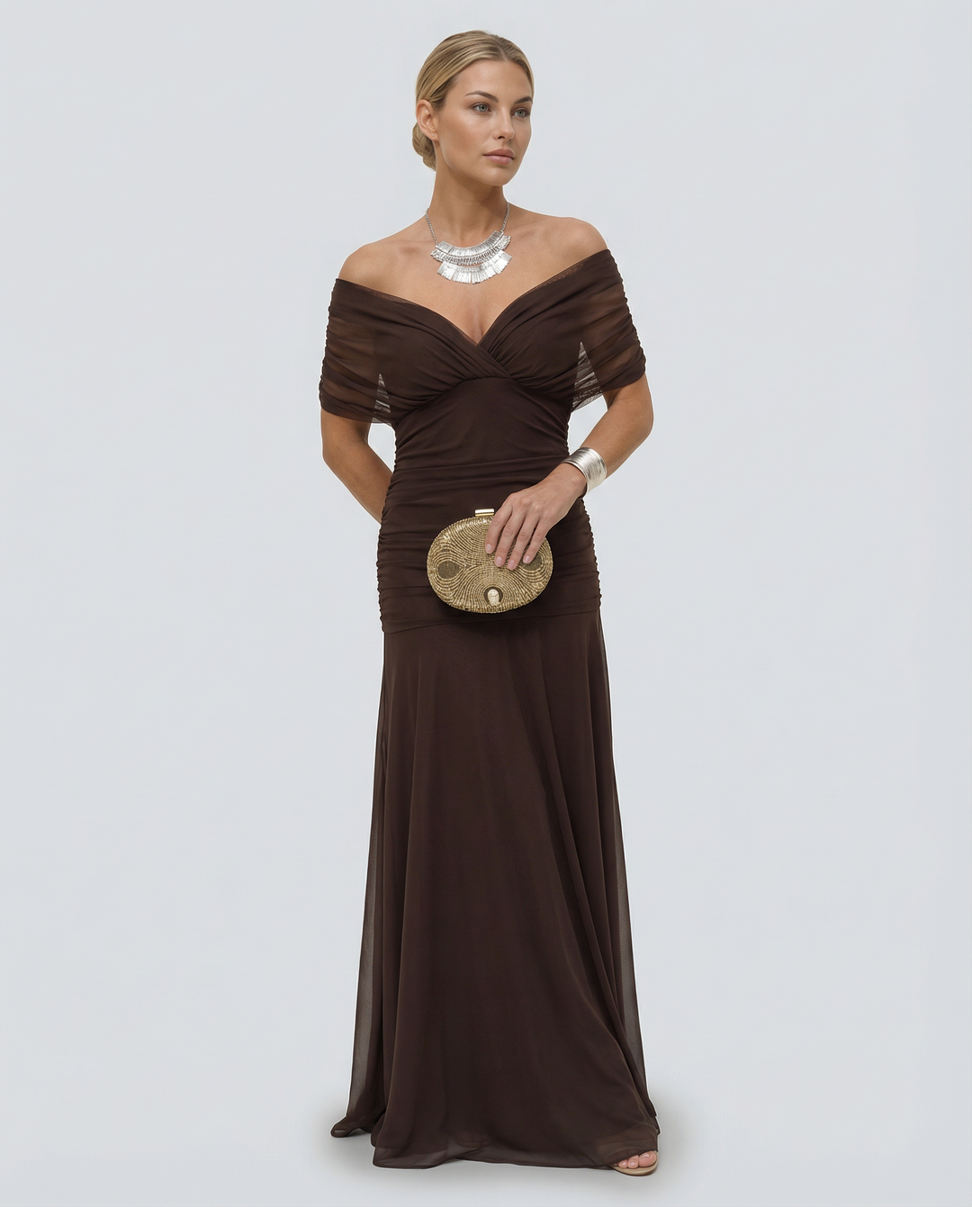 Chic women's off-shoulder ruched maxi dress, perfect for race day.