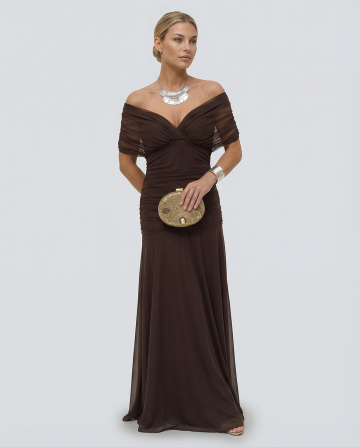 Chic women's off-shoulder ruched maxi dress, perfect for race day.