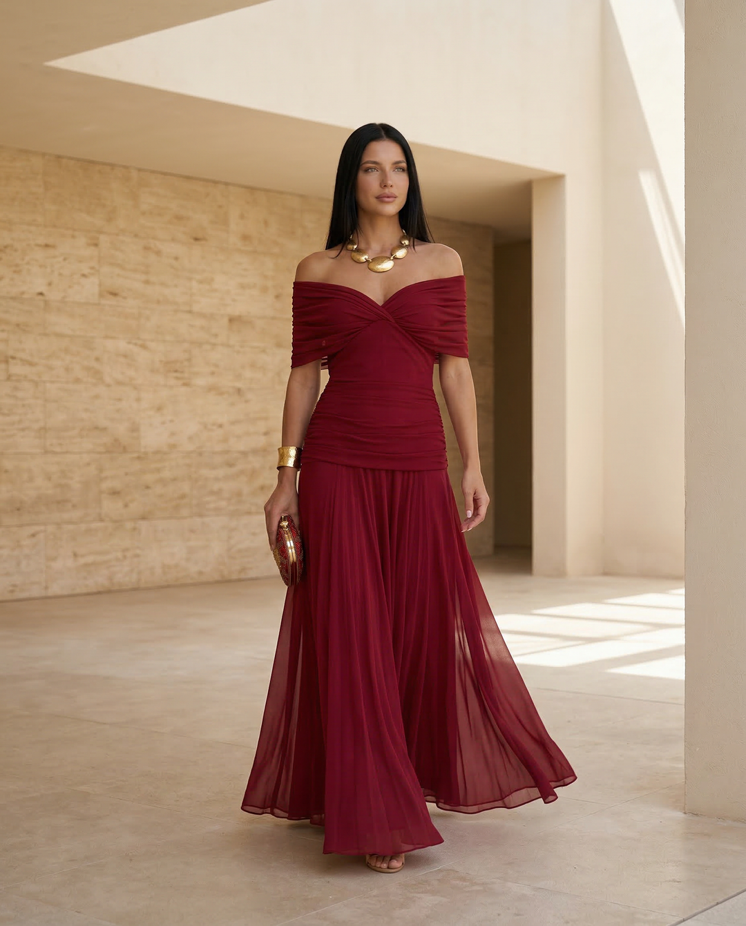 Long off-shoulder ruched maxi dress, ideal for race day, parties & weddings.