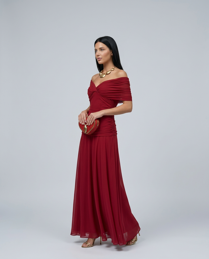 Race day elegant off-shoulder ruched maxi dress, a sophisticated long gown.