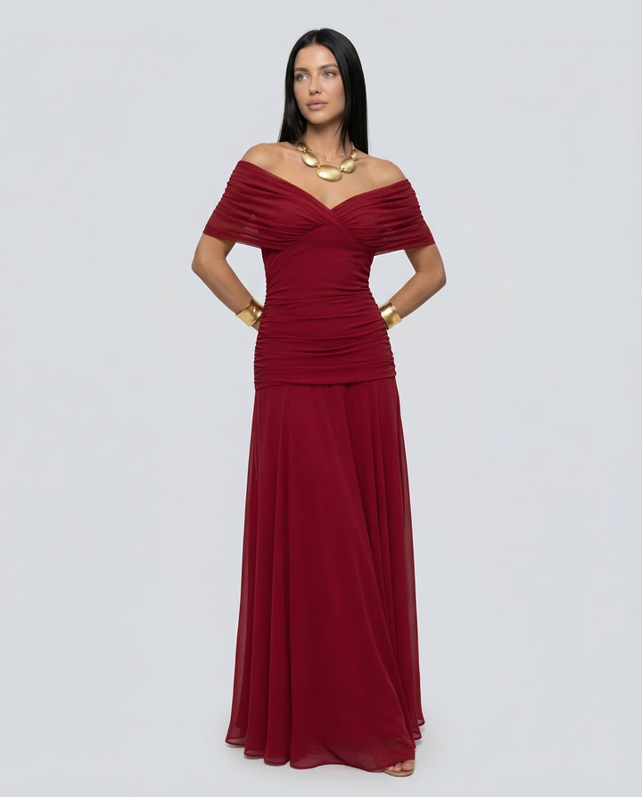 Formal off-shoulder ruched maxi dress for women, ideal for race day events.