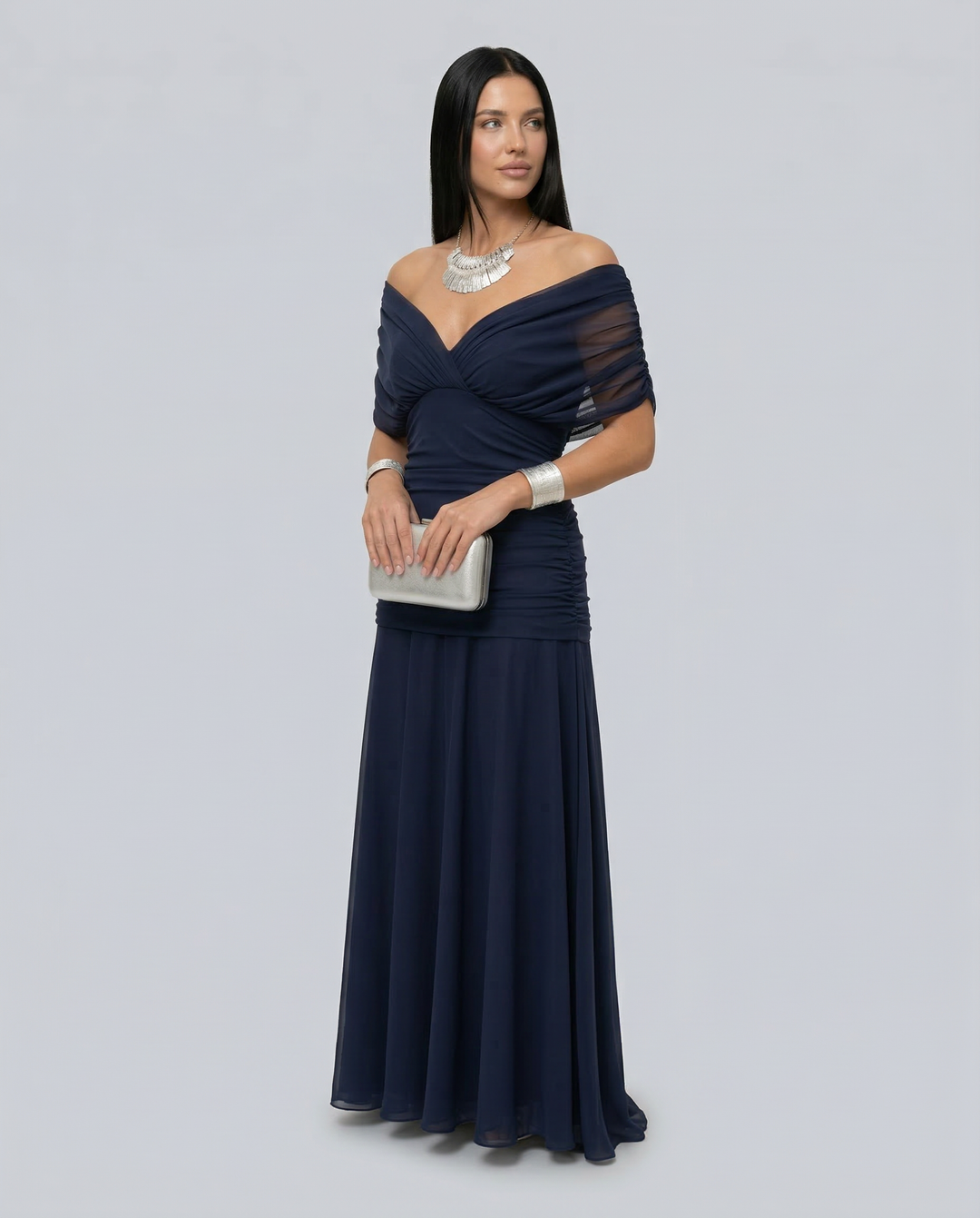 Chic off-shoulder ruched maxi dress, a long elegant gown for race day.