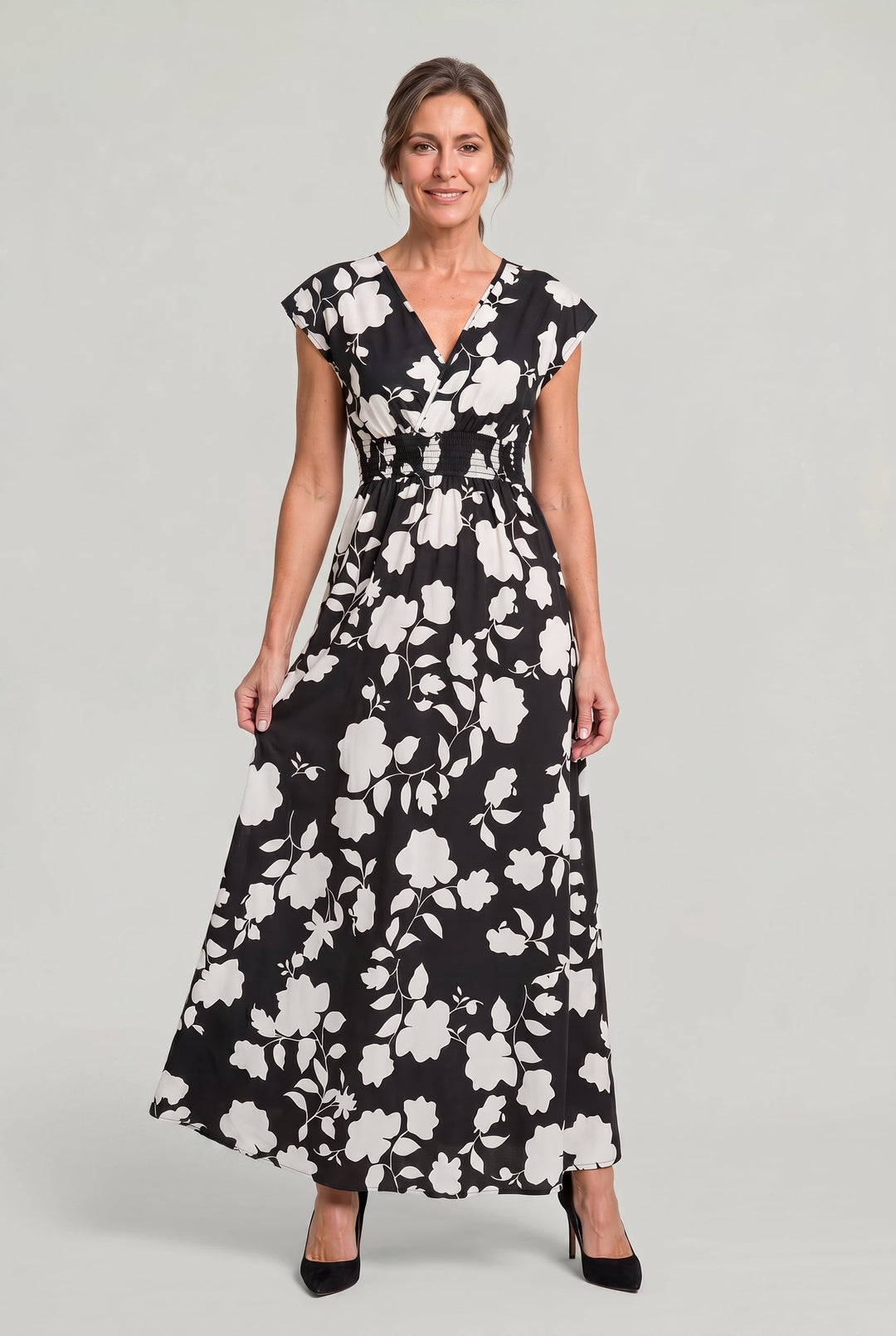 Elegant women's floral V-neck maxi dress, perfect for race day events or summer occasions. Smocked waist, A-line cut.