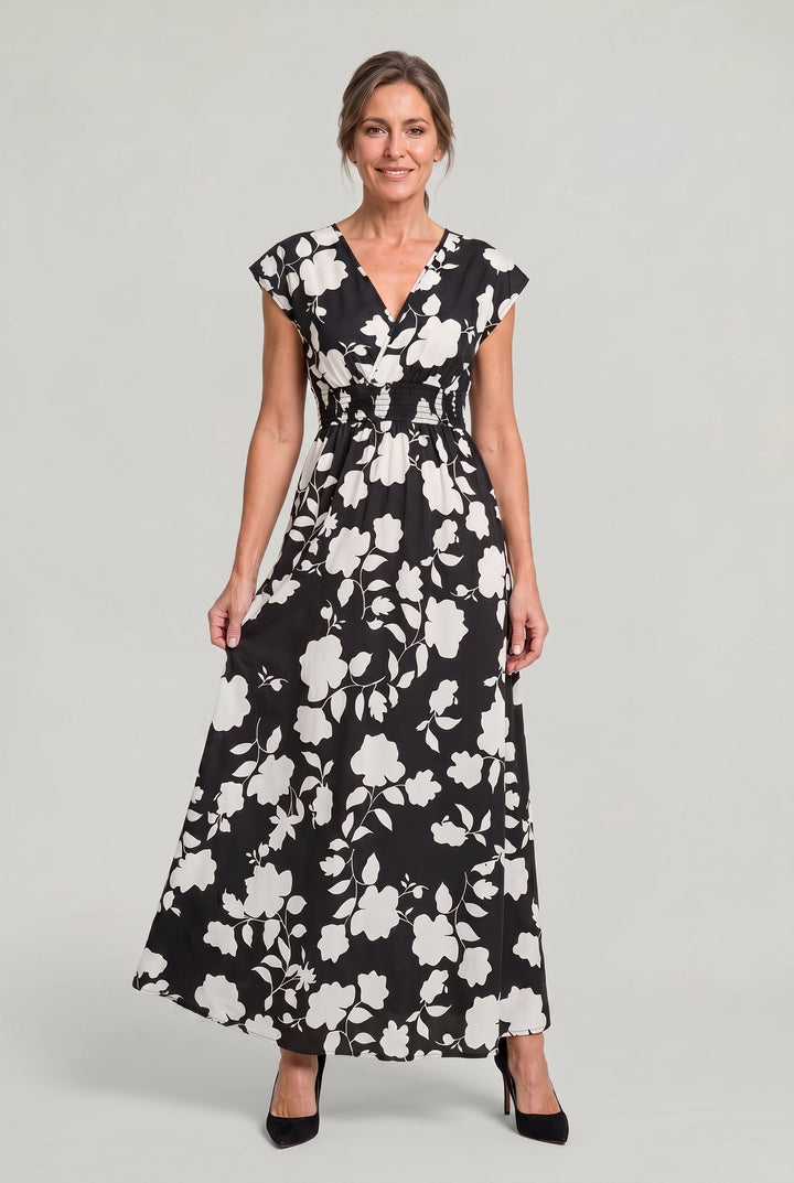 Elegant women's floral V-neck maxi dress, perfect for race day events or summer occasions. Smocked waist, A-line cut.