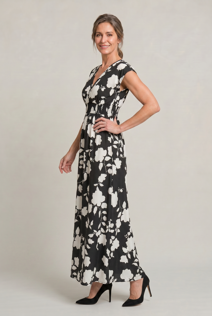 Graceful women's V-neck floral maxi dress, designed for elegance. Great for summer races, garden parties, or occasion wear.