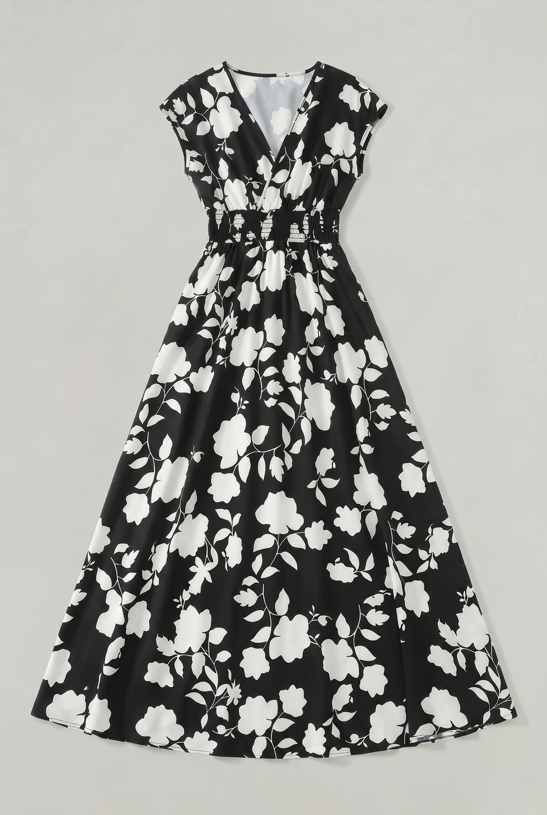 Women's elegant floral V-neck maxi dress, featuring a comfortable smocked waist and flowing A-line skirt for summer.