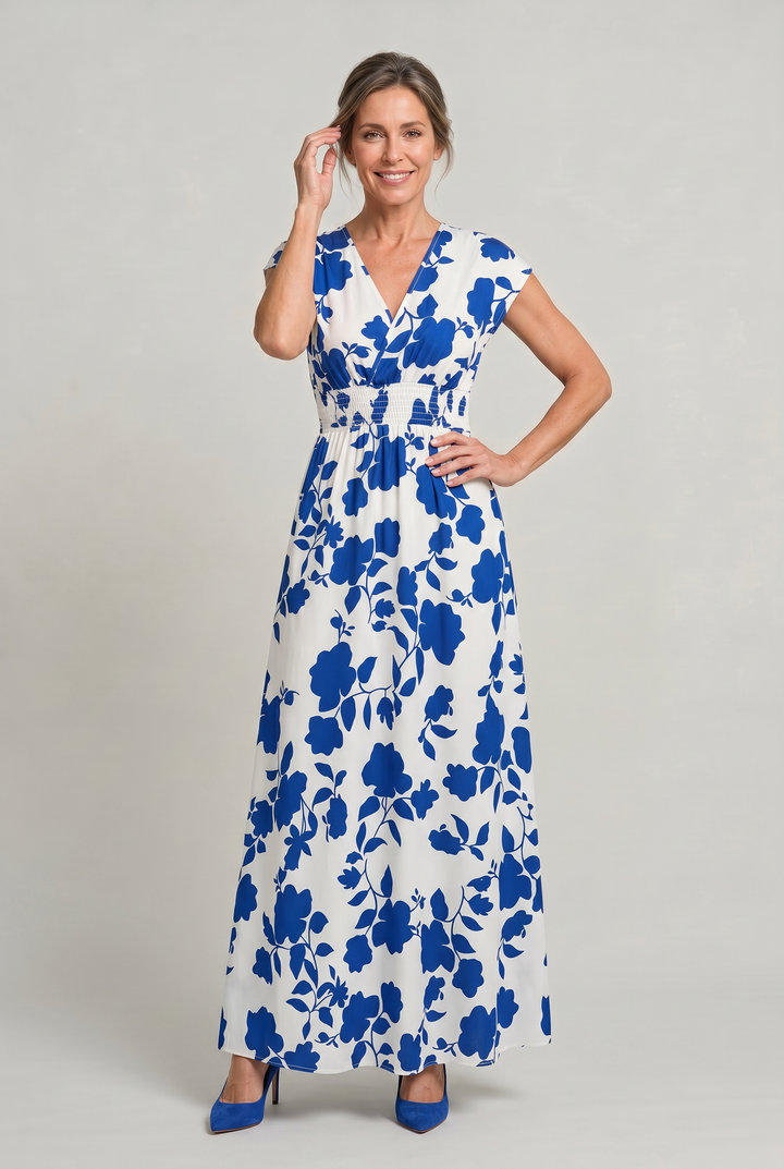 Stunning floral V-neck maxi dress for women, an elegant choice for race day fashion. Comfortable and stylish summer wear.
