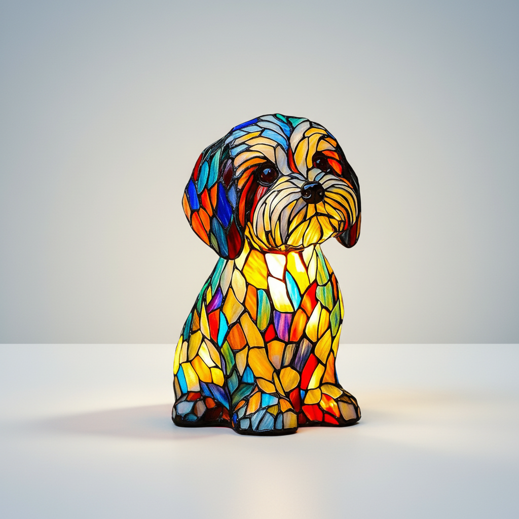Charming stained glass dog LED table lamp, a unique resin night light decor.