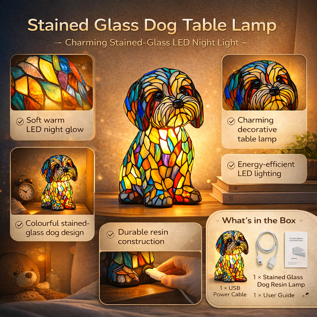 Whimsical dog lamp with stained glass details, perfect as a resin night light.