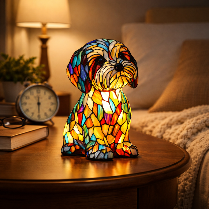 Resin table lamp featuring a stained glass dog design, doubles as a LED night light.