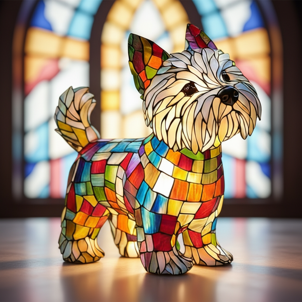 Cute dog lover gift: Stained glass LED table lamp with a warm night light glow.