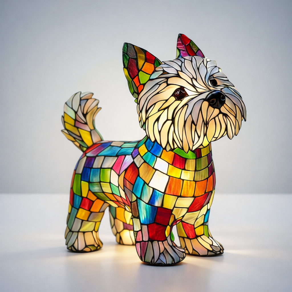 Handcrafted stained glass dog sculpture as a functional LED table lamp and decor.