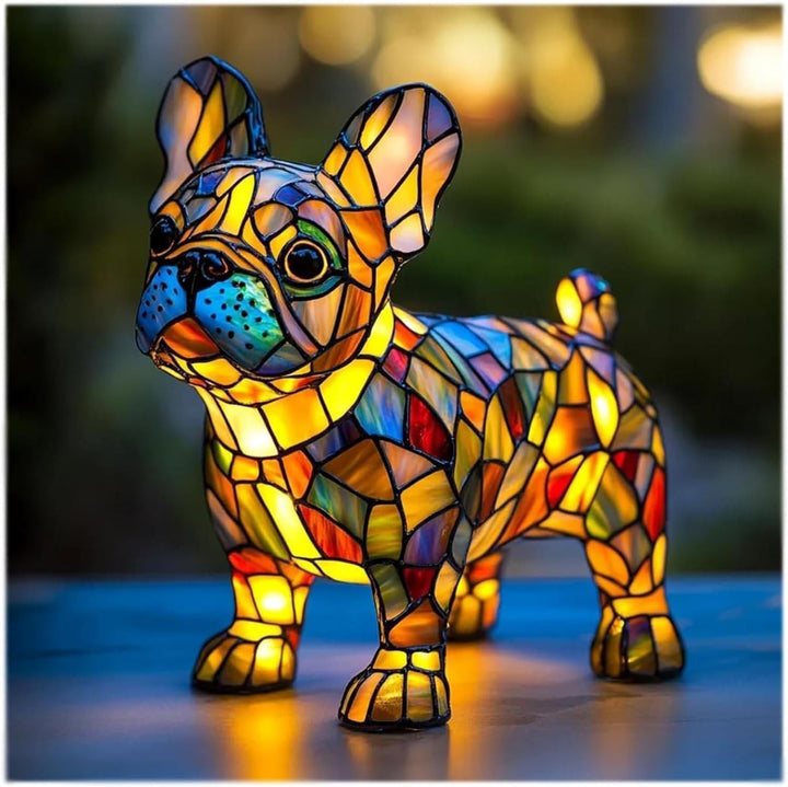 Unique dog lamp made of resin and stained glass, ideal for bedside tables.