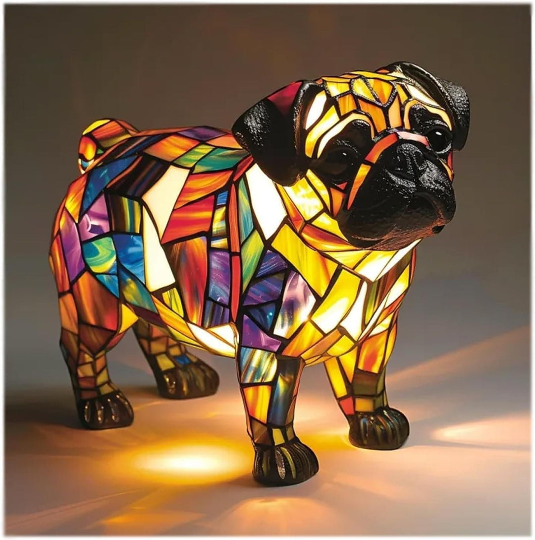 Decorative LED table lamp showcasing a colorful stained glass dog motif.