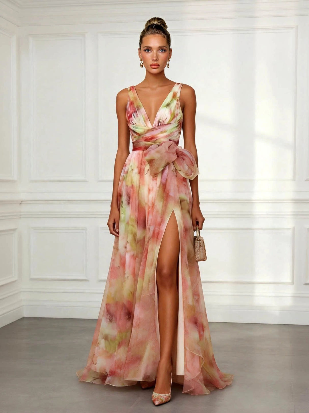 Elegant Women's abstract print maxi dress with V-neck and tie-waist, perfect for summer or occasion wear.