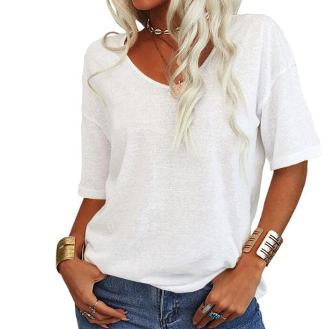 Women's relaxed fit u-neck t-shirt, lightweight & comfortable, ideal for summer casual wear.