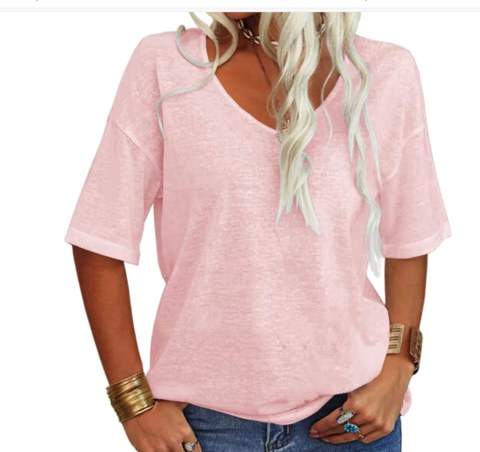 Stylish short sleeve women's u-neck top, relaxed fit for warm weather casual elegance.